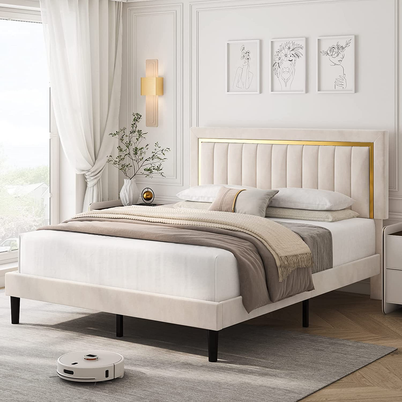 Full Size Bed Frame with Adjustable Tufted Headboard, Velvet Upholstered