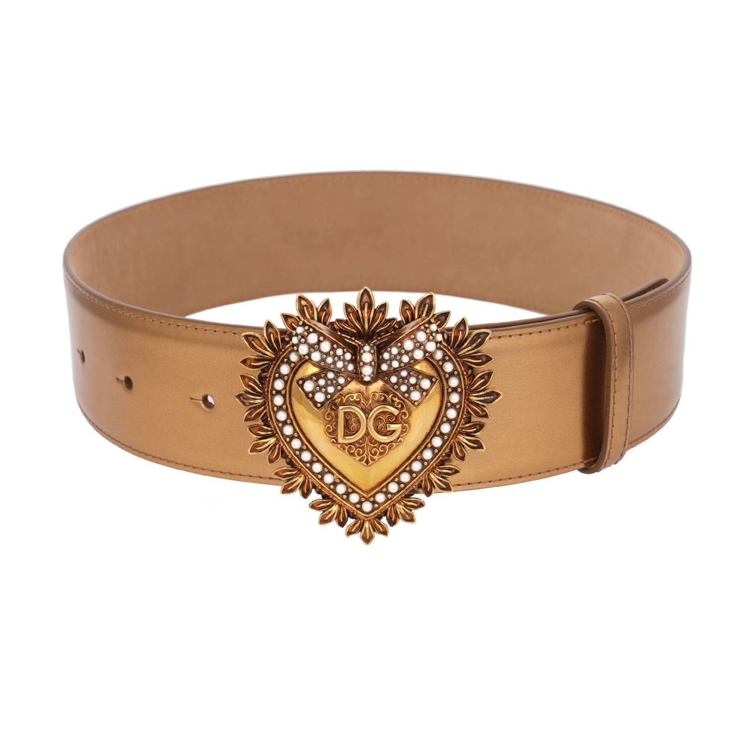 

DOLCE - GABBANA DEVOTION Кожаный ремень для платья с жемчужным сердечком, золото 75  XS 12848, Золотой