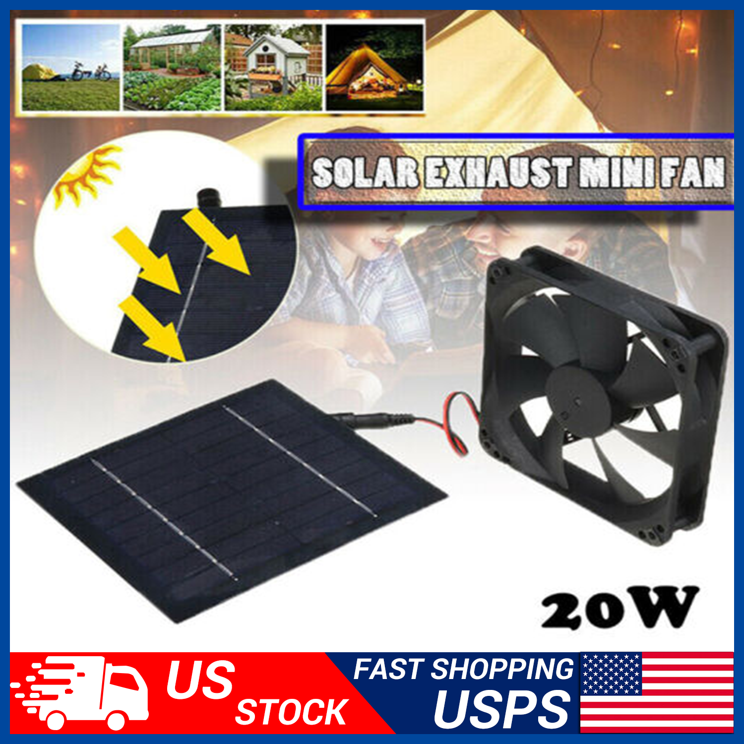 20W Solar Panel Powered Fan Mini Ventilator For Greenhouse Pet Dog Chicken House