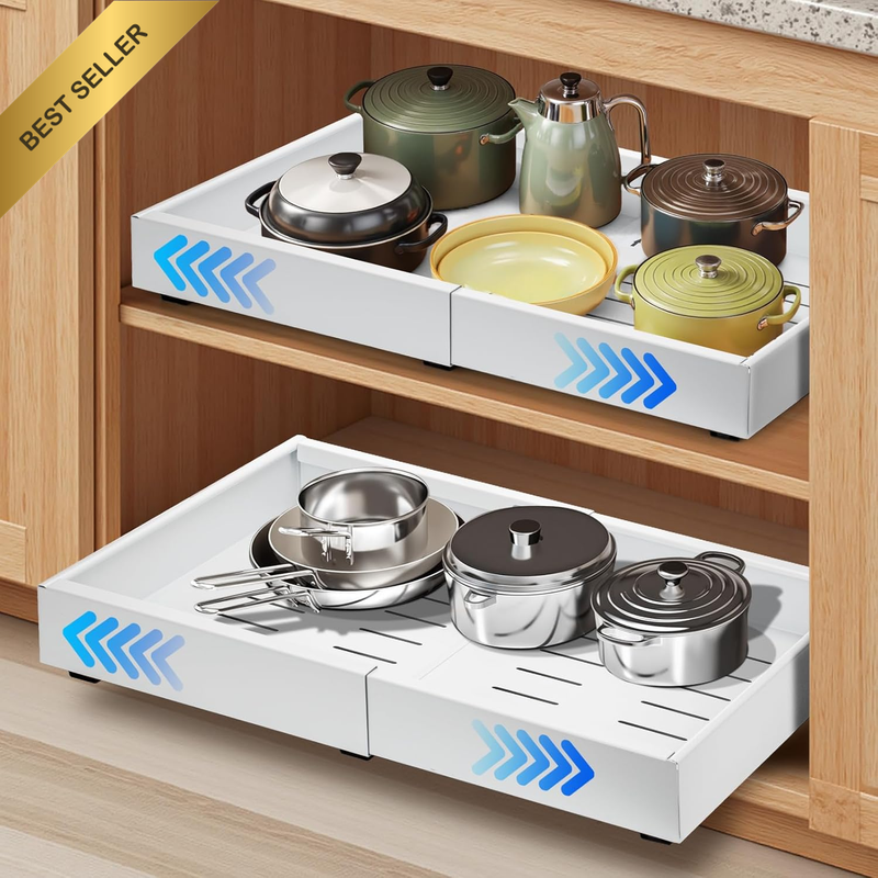 2 Pack Pull Out Drawers for Cabinets - Adjustable Expandable Organizer with Adhe
