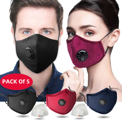 5 Pcs Reusable Pure Cotton Face Mask Washable Face Mask Filters Breather Valve