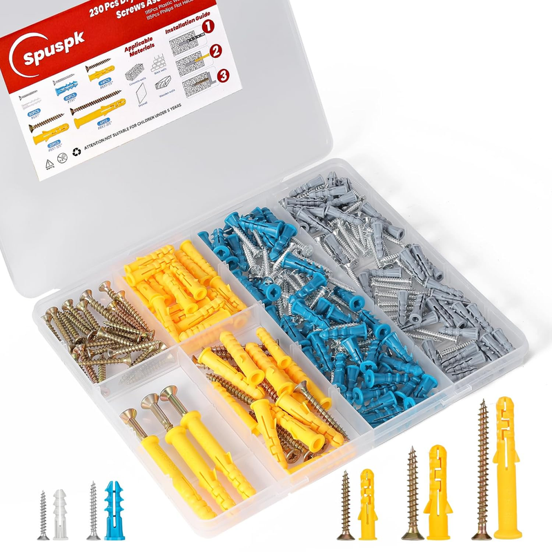 230 Pcs Drywall Anchors and Screws Assortment Kit, 115 Plastic Wall Anchors and