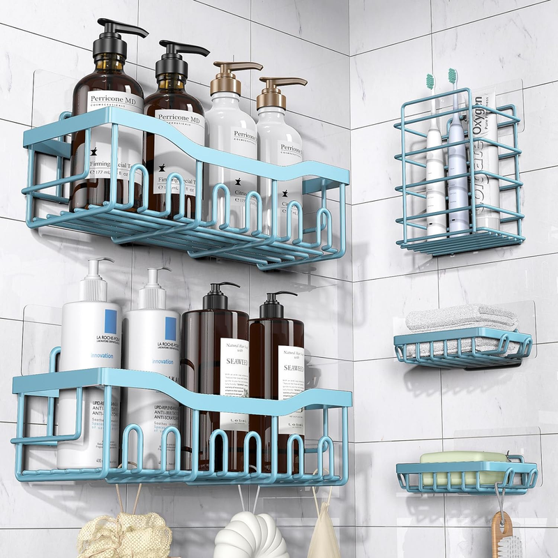 5-Pack Rustproof Stainless Steel Shower Caddy – No Drill Adhesive Bathroom Organ
