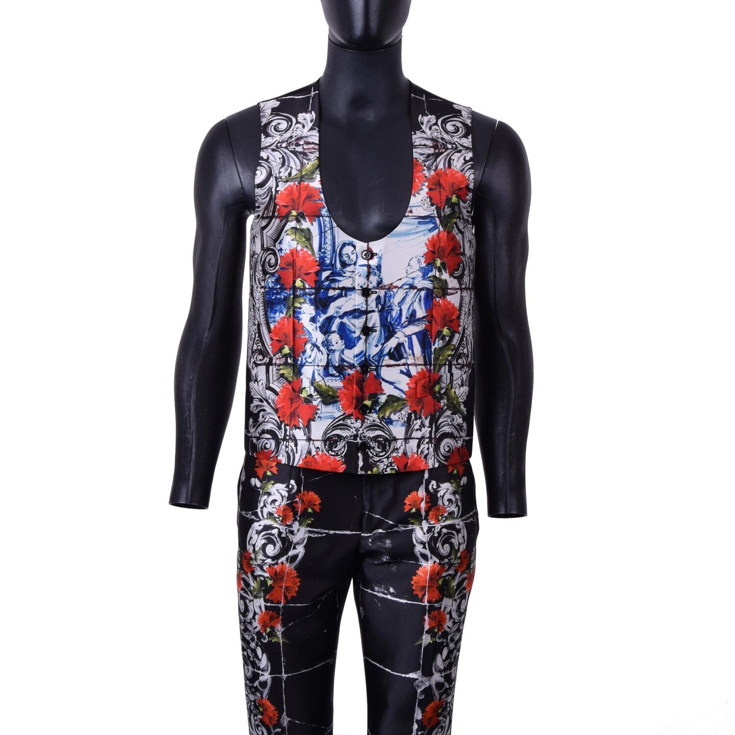 Pre-owned Dolce & Gabbana 3-piece Torero Carnation Print Silk Suit Black White Red 06908