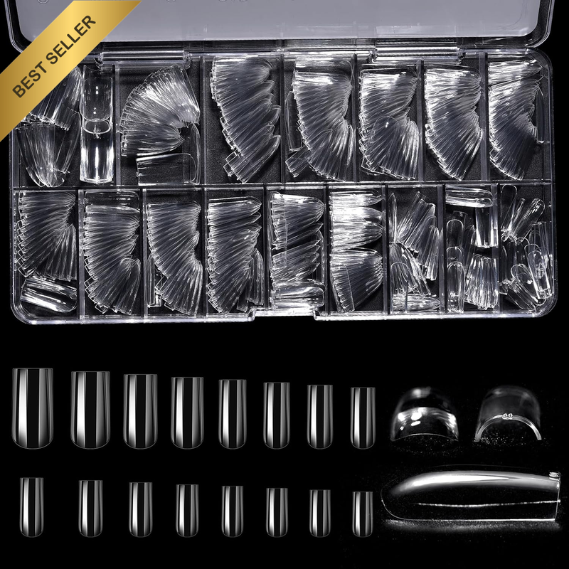 320Pcs Deep C Curve Full Cover 16 Sizes Nail Tips Clear Pre-Built False Nail Ext
