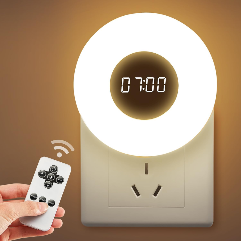 Nightlights for Children with Clock & Remote, 3 Light Colors & Dimmable Plug in