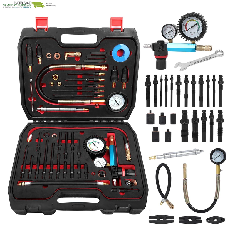 46PCS Compression and Leakage Test Kit Petrol & Diesel Compression Tester Kit Automotive Cylinder Leak down Tester with Dual Gauge Engine Compression Tester Kit for HDI, Tdci, Pumpe Duse Engine