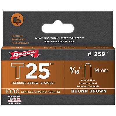 Arrow 259 T25 Round Crown Staples, 1,000 Pack (9/16 Inch) (Brown)