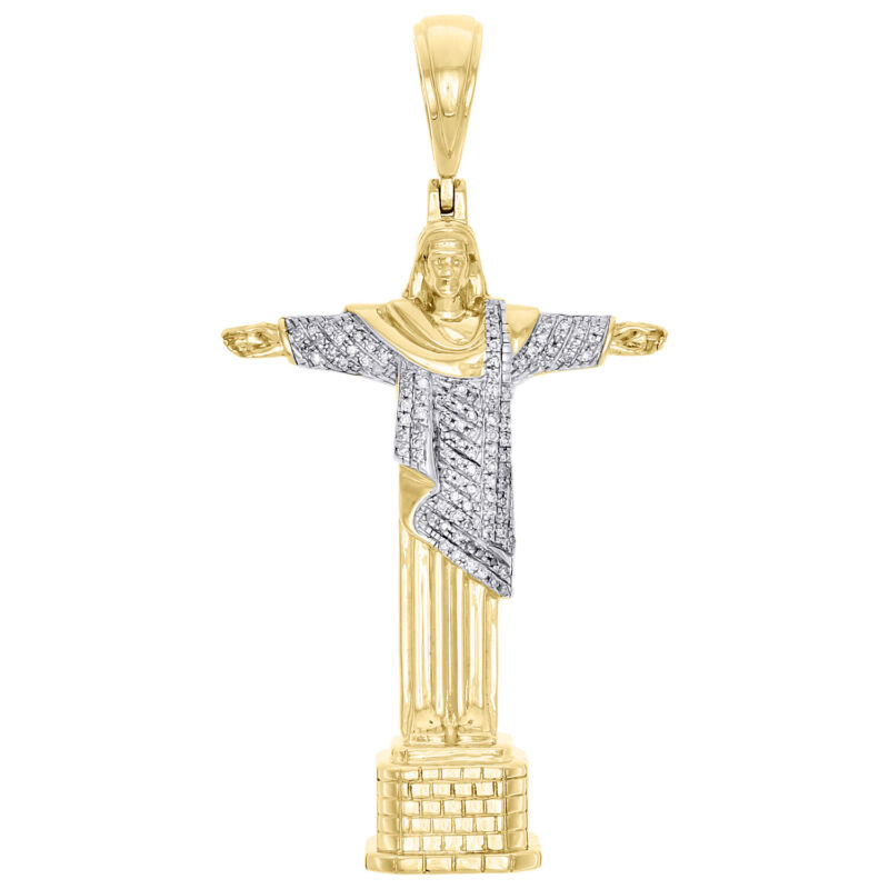 10k Yellow Gold Diamond Christ Redeemer Statue Jesus Pendant 2.15" Charm 1/4 Ct.