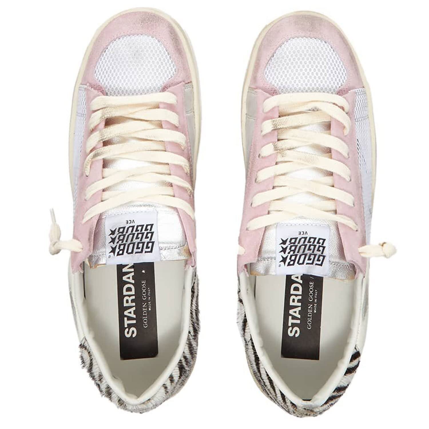 Pre-owned Golden Goose Stardan Net Leather Star Zebra Horsy Womens Distressed Sneakers In White