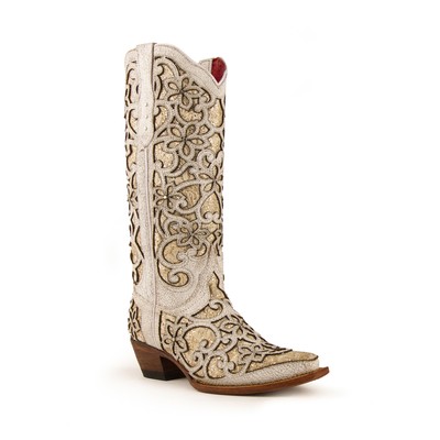 Pre-owned Ferrini Ladies Distressed White Leather Bliss V-toe Cowboy Boots
