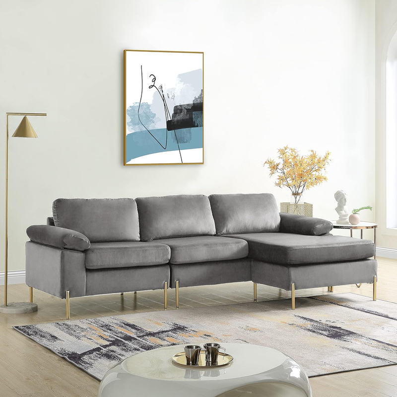 L-Shape Sectional Sofa W/Chaise and Pillow Arms, Velvet Corner Couch with Removable Back & Seat Cushions, for Living Room Apartment Office, Gray,101