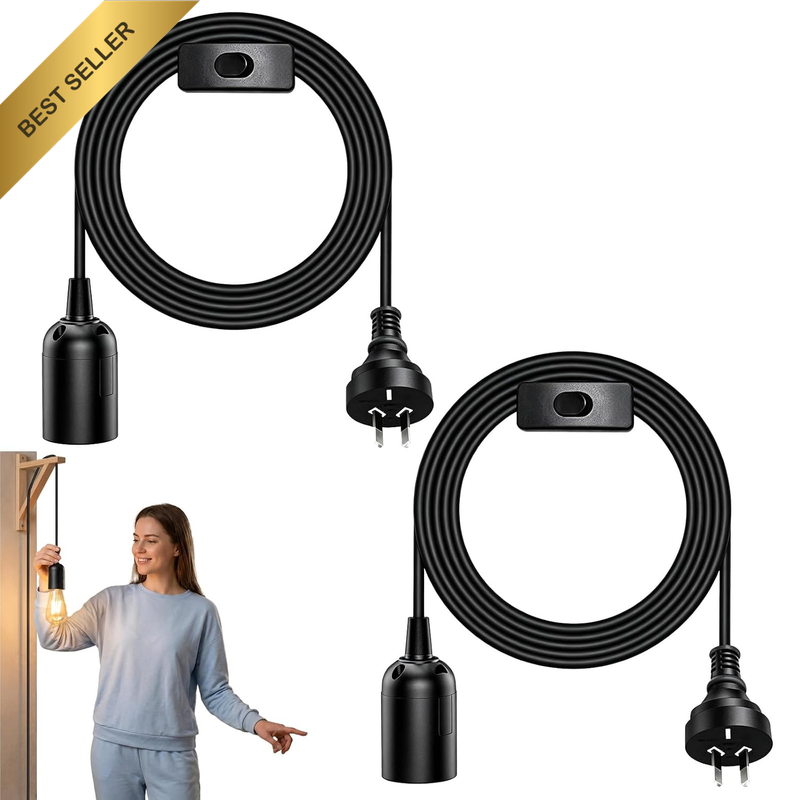 2Pcs 1.8M E27 Lamp Holder Cord with On/Off Switch - Black Extension Cable for Pe