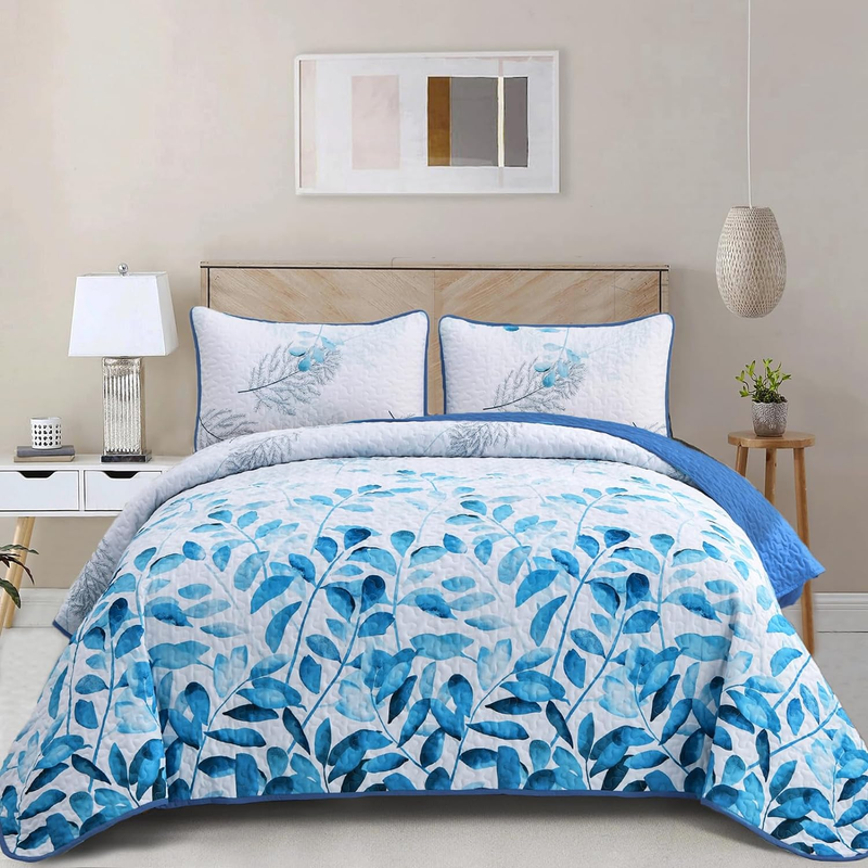 Queen Size 3pc Light Blue Gradient Floral Bedspread Coverlet Se