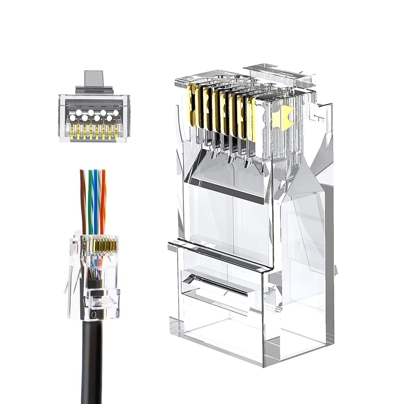 RJ45 Pass through Connectors,  50-Pack Cat6/Cat5E Gold Plated Modular Plug Unshi