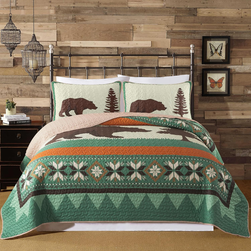 Rustic Cabin Bear Quilt Set - King Size with 2 Shams, Wilderness Lodge Bedding with Country Nature Theme, Forest Quilted Bedspread with Outdoor Motif for Ski Lodge and Lake House
