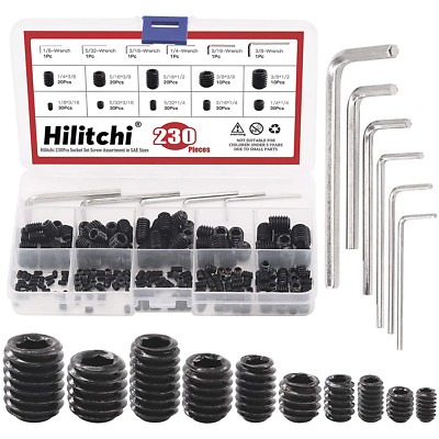 230Pcs Socket Set Screw Assortment in SAE Sizes Internal Hex Drive Cup Point All