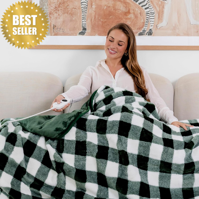 Gingham Plush Fleece & Warm Flannel Electric Heated Throw Blanket 200X180Cm Mach