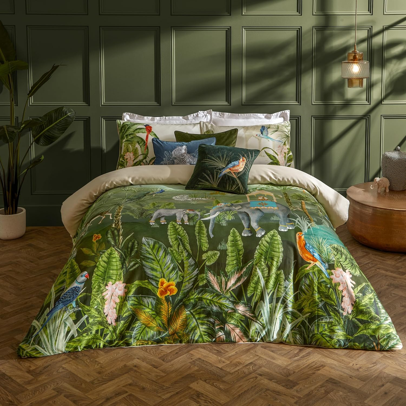 Paoletti Odisha Duvet Cover Set – Reversible Botanical Exotic Elephant Piped Edg