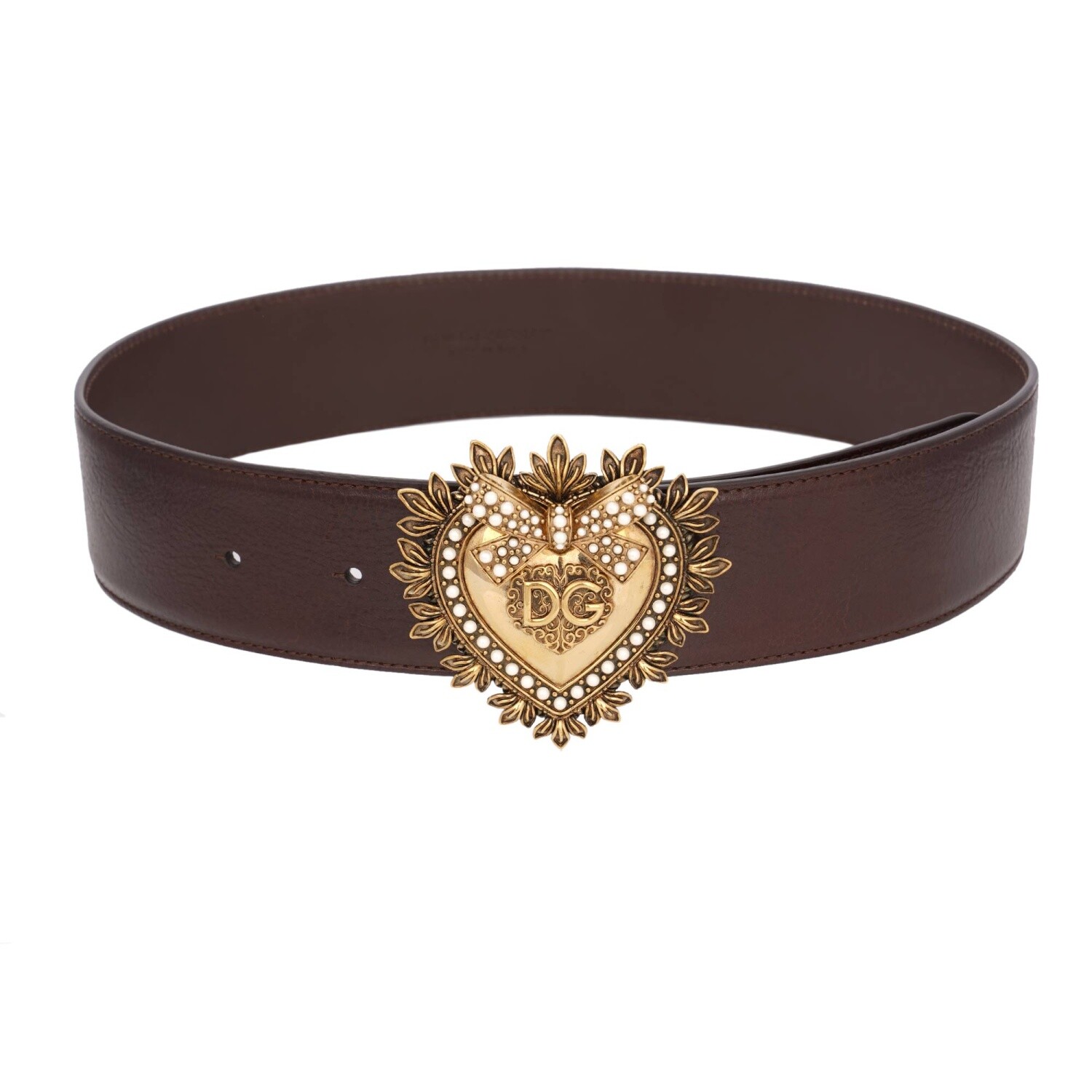 

DOLCE - GABBANA DEVOTION Кожаный платочный ремень с жемчужным сердечком Коричневый 75  XS 12856