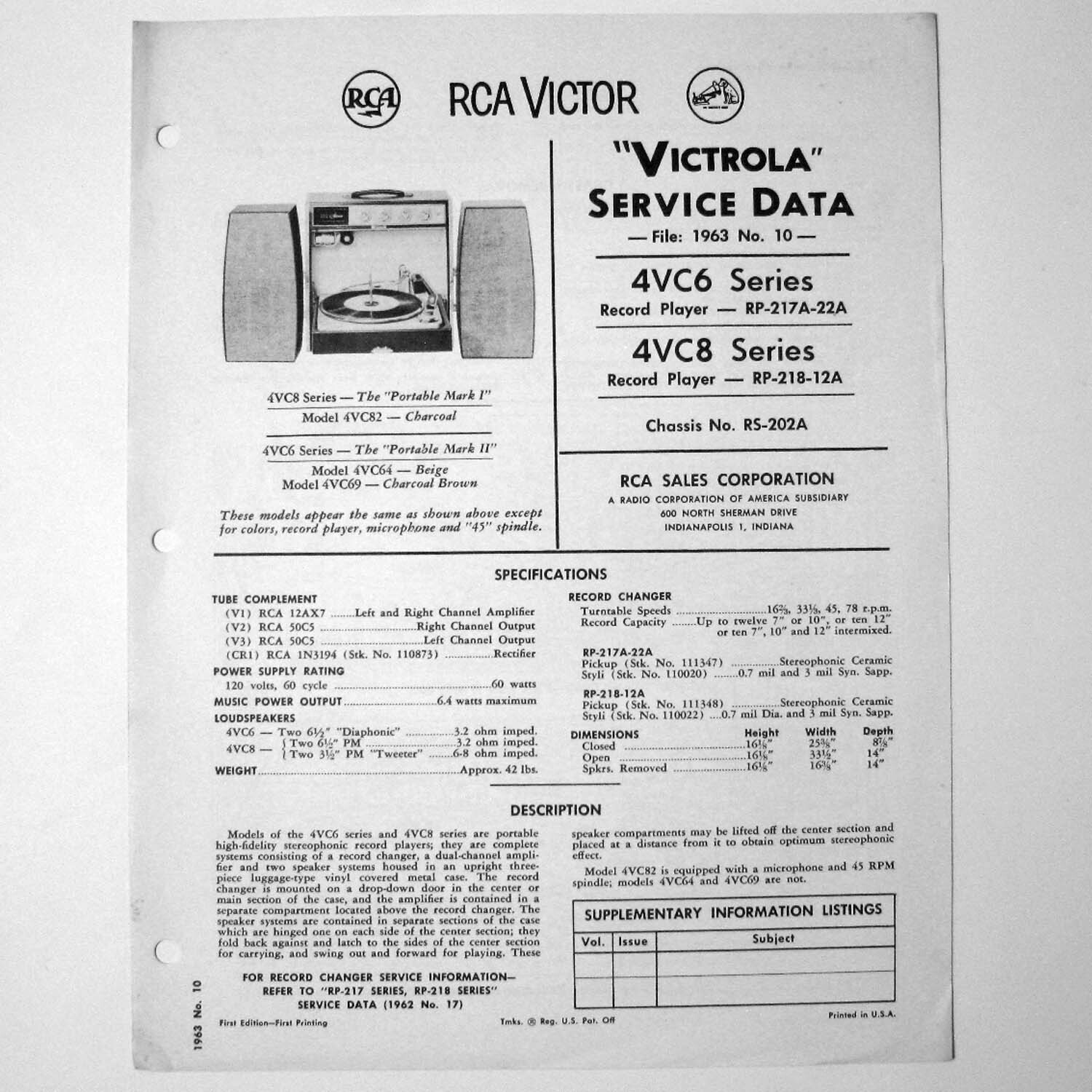 ショップ S RCA ® Model 4VC6 Series 4VC8 Series Record Player Changer