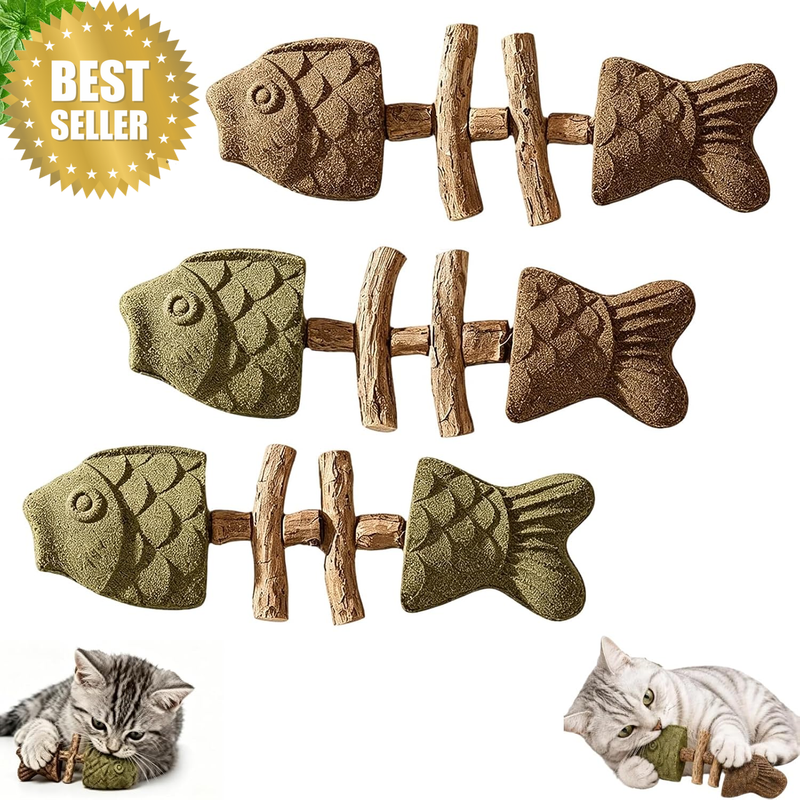 3PCS Catnip and Silvervine Chew, Creative Fish Bone Cat Dental Chew Toy, Fix Cat