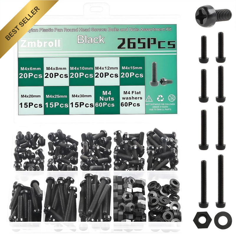 265Pcs M4 Black Pan round Head Nylon Screws Metric Fully Threaded Phillips Cross
