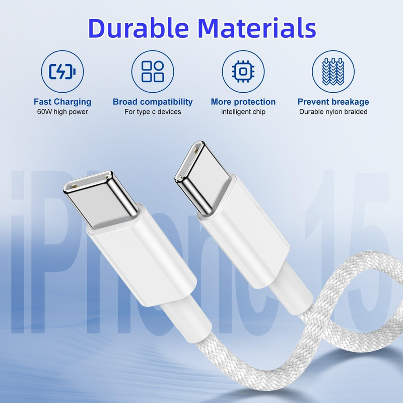 Type C to Type C Fast Charging Cable for iPhone17/16/15,2Pack Nylon Braided USB