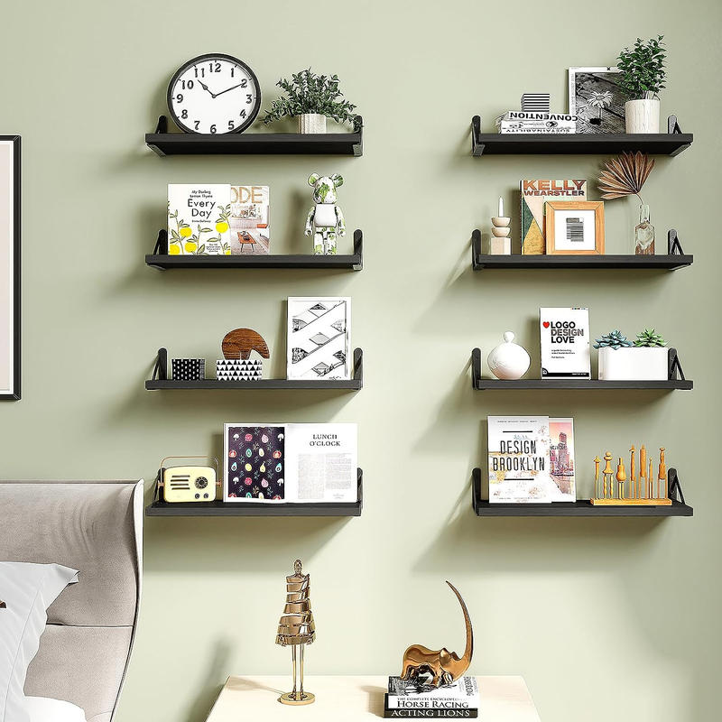 Set of 8 Rustic Wood Wall Shelves: 4.7In Width, Black, Multi-Use