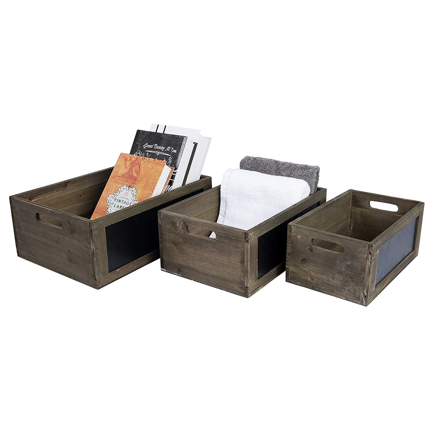 3pc Rustic Brown Wooden Nesting Storage Crates Chalkboard Front Panels farmhouse