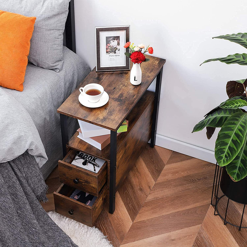 End Table, Narrow Chairside Table with Drawer and Open Storage Shelf, Nightstand