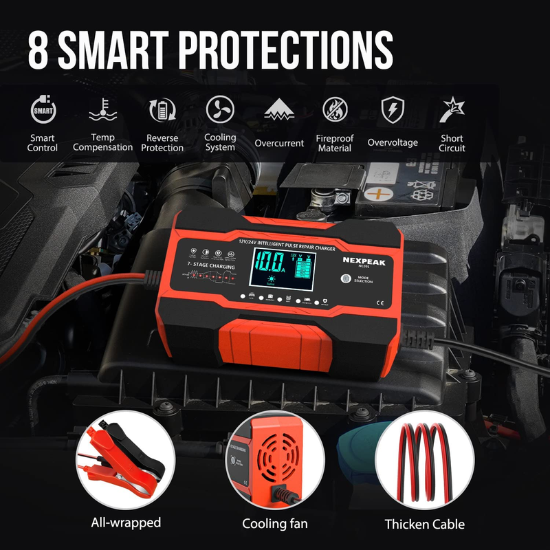 NC201 10-Amp Car Battery Charger, Smart Trickle Charger Fully Automatic 12V 24V
