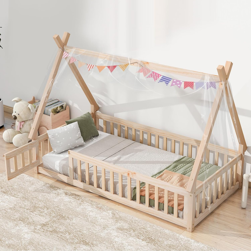 With Railings And Door, House Bed For Kids, Wood
