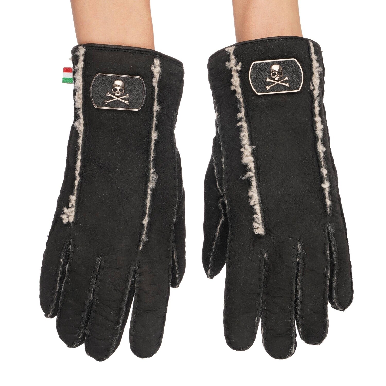 Перчатки Philipp Plein Owen из металла, серебра, кожи с черепом и мехом, Черные 7,5