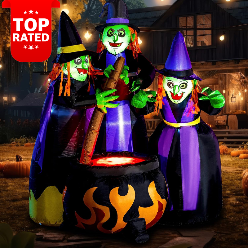 6FT Inflatable Halloween Three Witches Cauldron with LED Lights Yard Decor