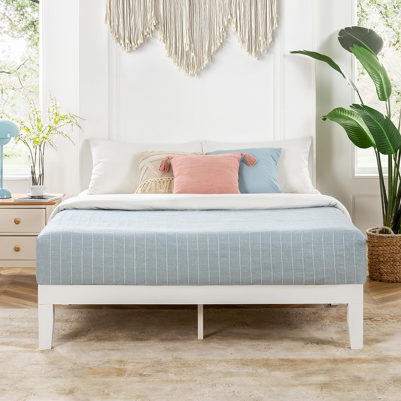 Naturalista Classic 12 Inch Solid Wood Platform Bed with Wooden Slats, Full, Whi