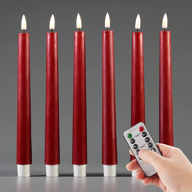 Red Flickering Flameless Taper Candles with Remote, Real Wax Battery Operated LE