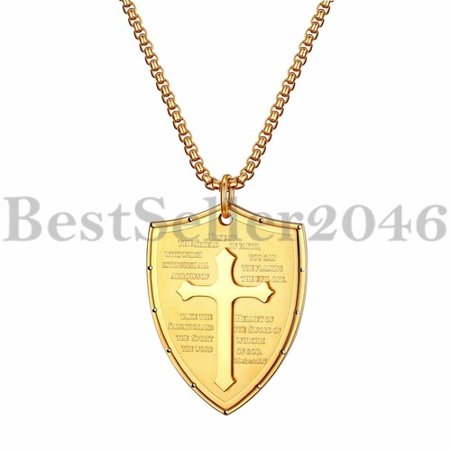 Men Shield Armor of God Ephesians 6:16-17 Faith Cross Necklace Pendant Chain 24"