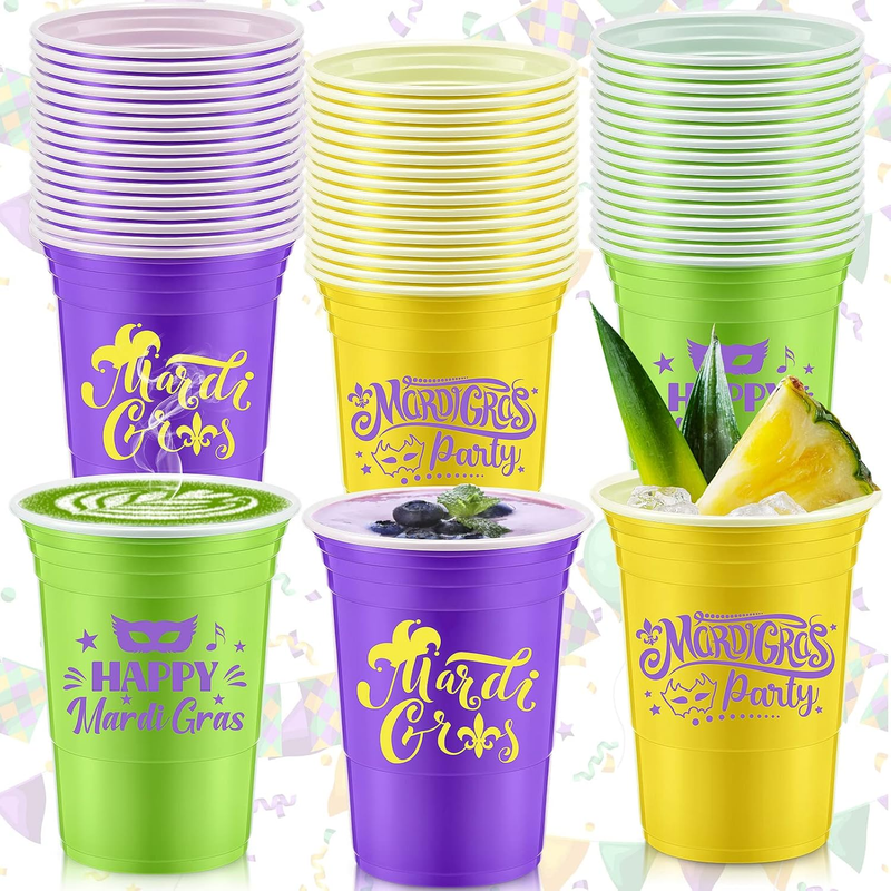 48pcs Mardi Gras Plastic Cups 16oz Disposable Party Drink Cups...