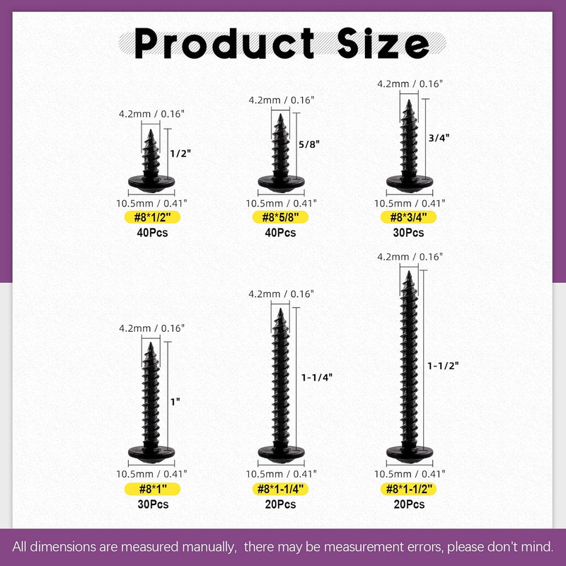 180Pcs 6 Sizes #8 x 1/2", 5/8", 3/4", 1", 1-1/4", 1-1/2" Phillips Modified Truss