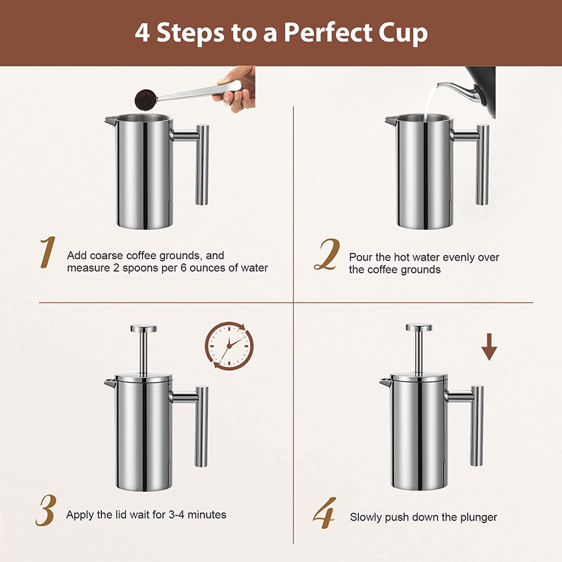 Stainless Steel French Press Coffee Maker, Double-Wall Insulated Large French Co