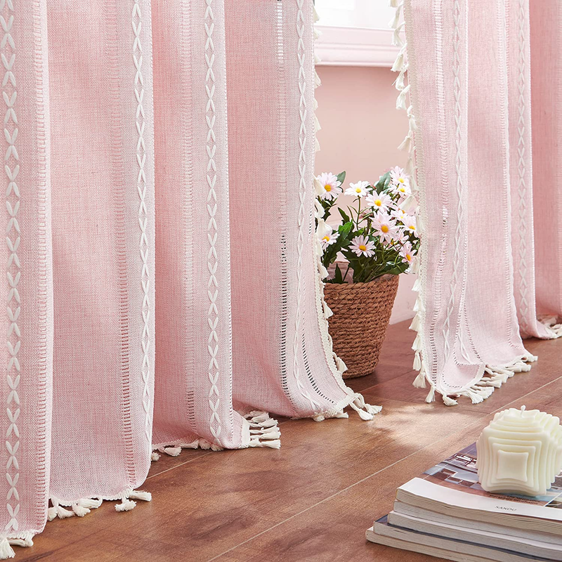 Linen Boho Curtains Cute Embroidered Pink Curtains for Girls