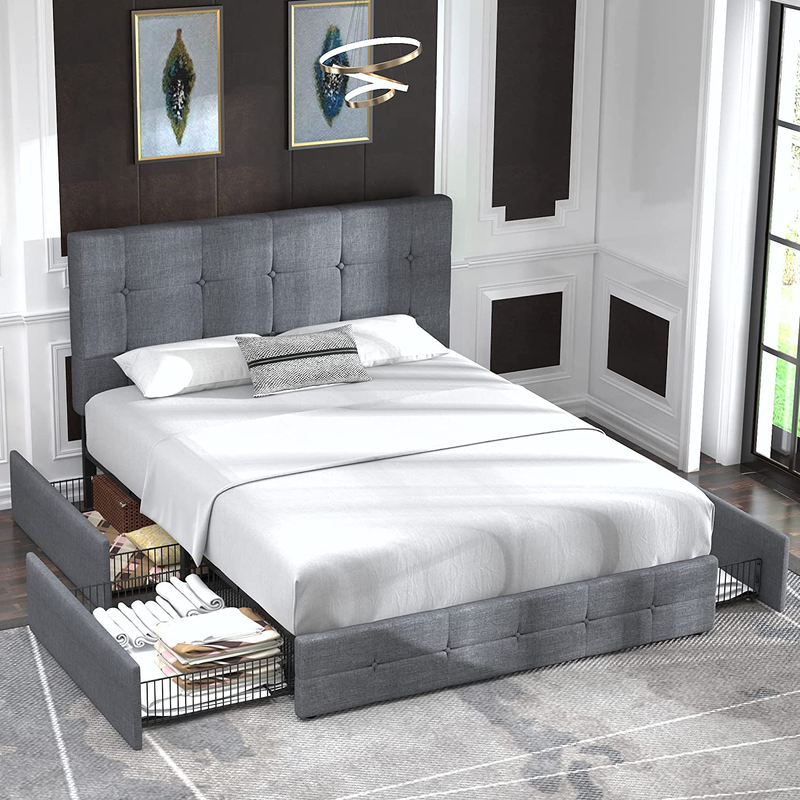 Upholstered King Size Platform Bed Frame with 4 Storage Drawers and Headboard, S