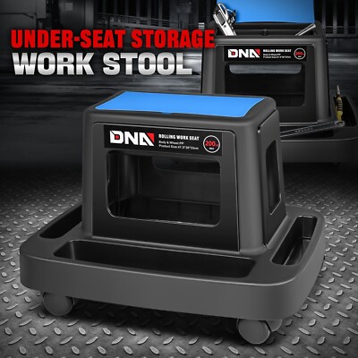 Подвижное сиденье механика по ремонту автомобилей в гараже с лотком для хранения инструментов синего цвета