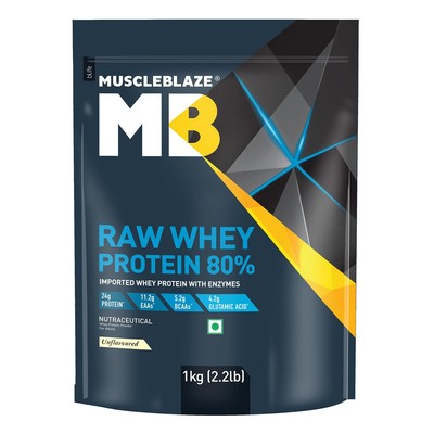 MuscleBlaze Raw Whey Protein 80% Unflavoured 1kg - Light & Clean, Easy Digest