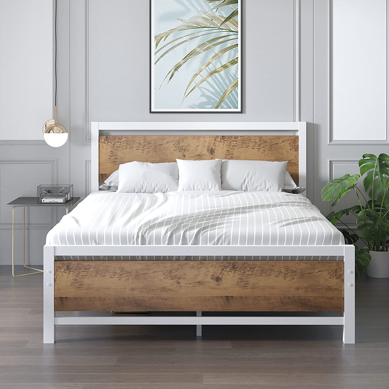 With Wooden Headboard And Footboard, Metal Bed Frame Qu