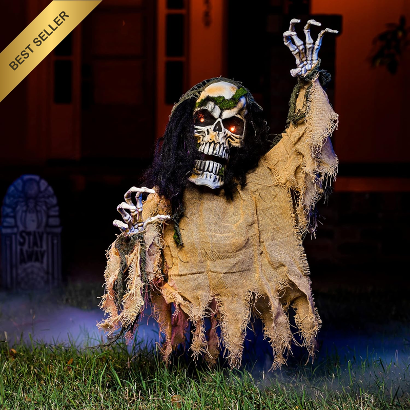 Halloween Animated Zombie Groundbreaker, Light-Up Skeleton Zombie Prop with Cree