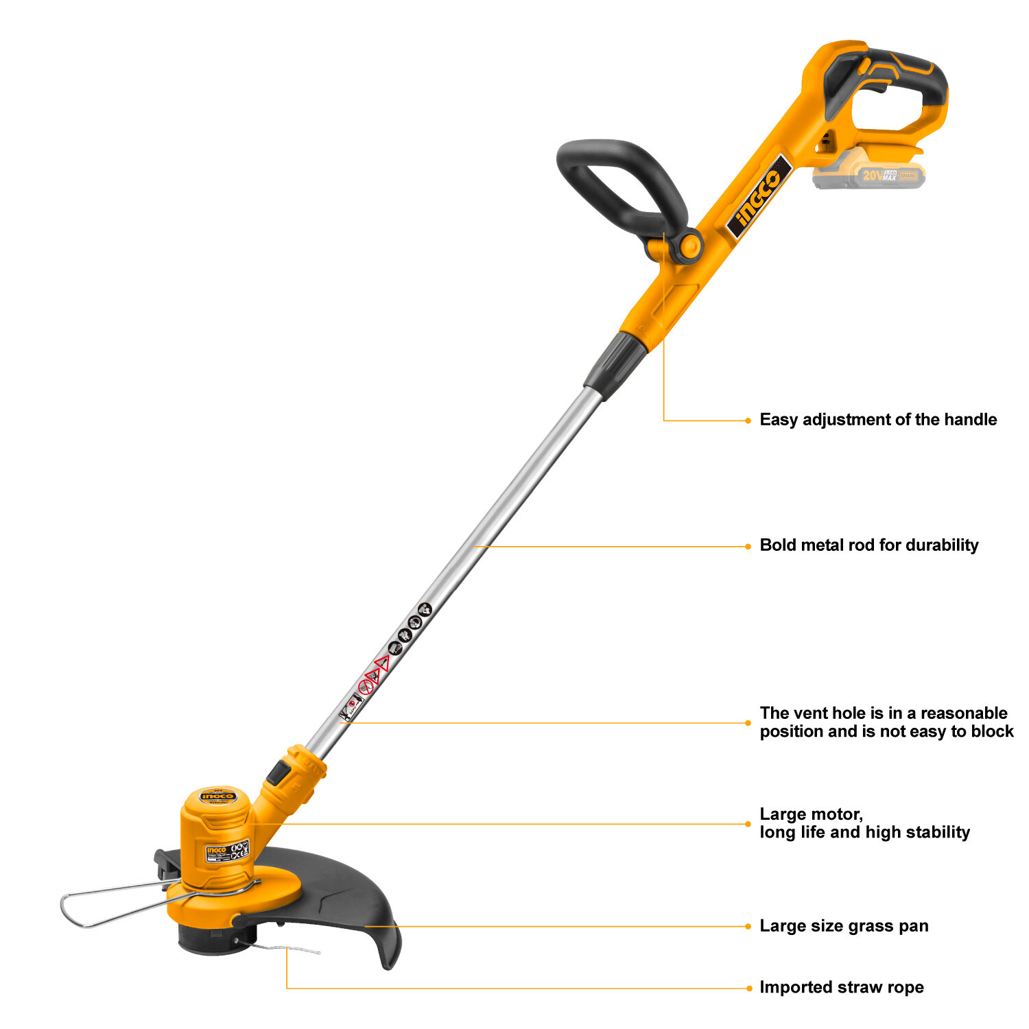 INGCO Grass Trimmer Cordless 20V Lithium Lawn Edge Brush String Cutter