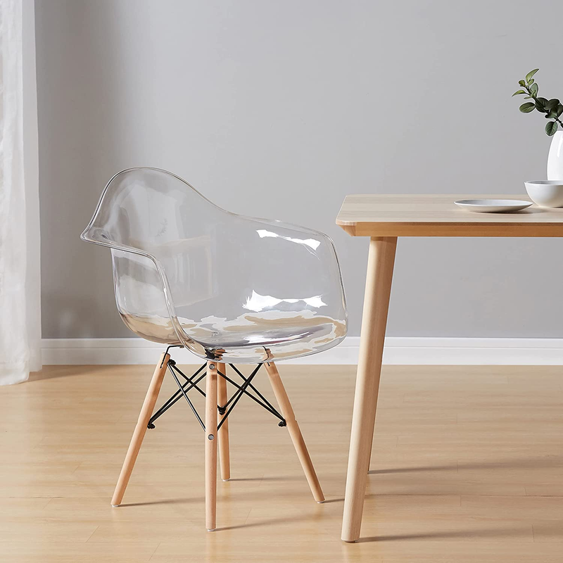 Clear Plastic Armchair Natural Wood Legs Lounge Arm Chair with for Kitchen, Dini
