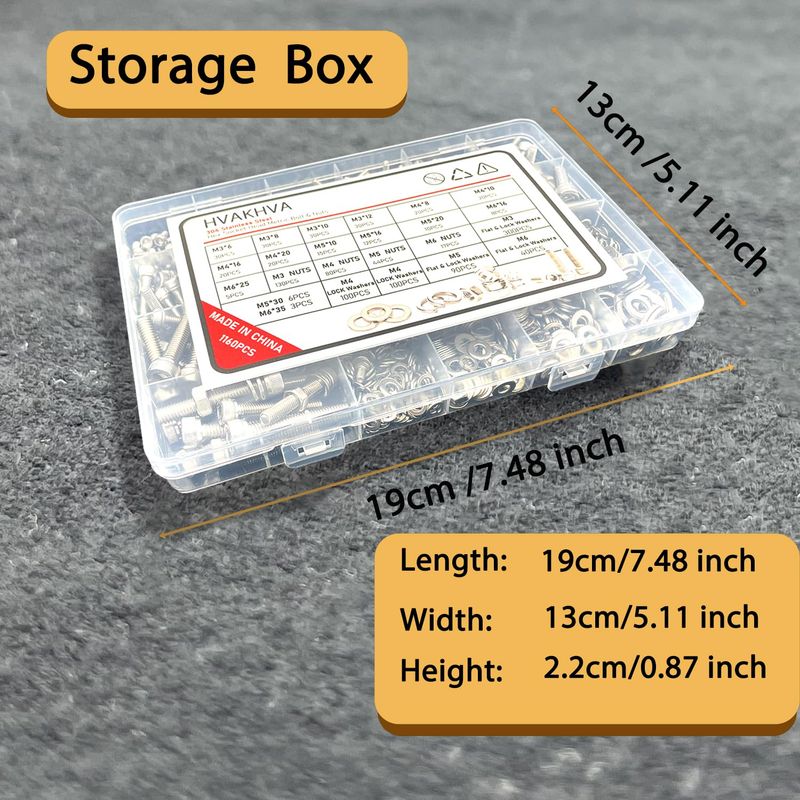 1160 pcs M3/M4/M5/M6 Metric Hex Head Socket Cap Bolt & Nut Assortment, 304 Stain